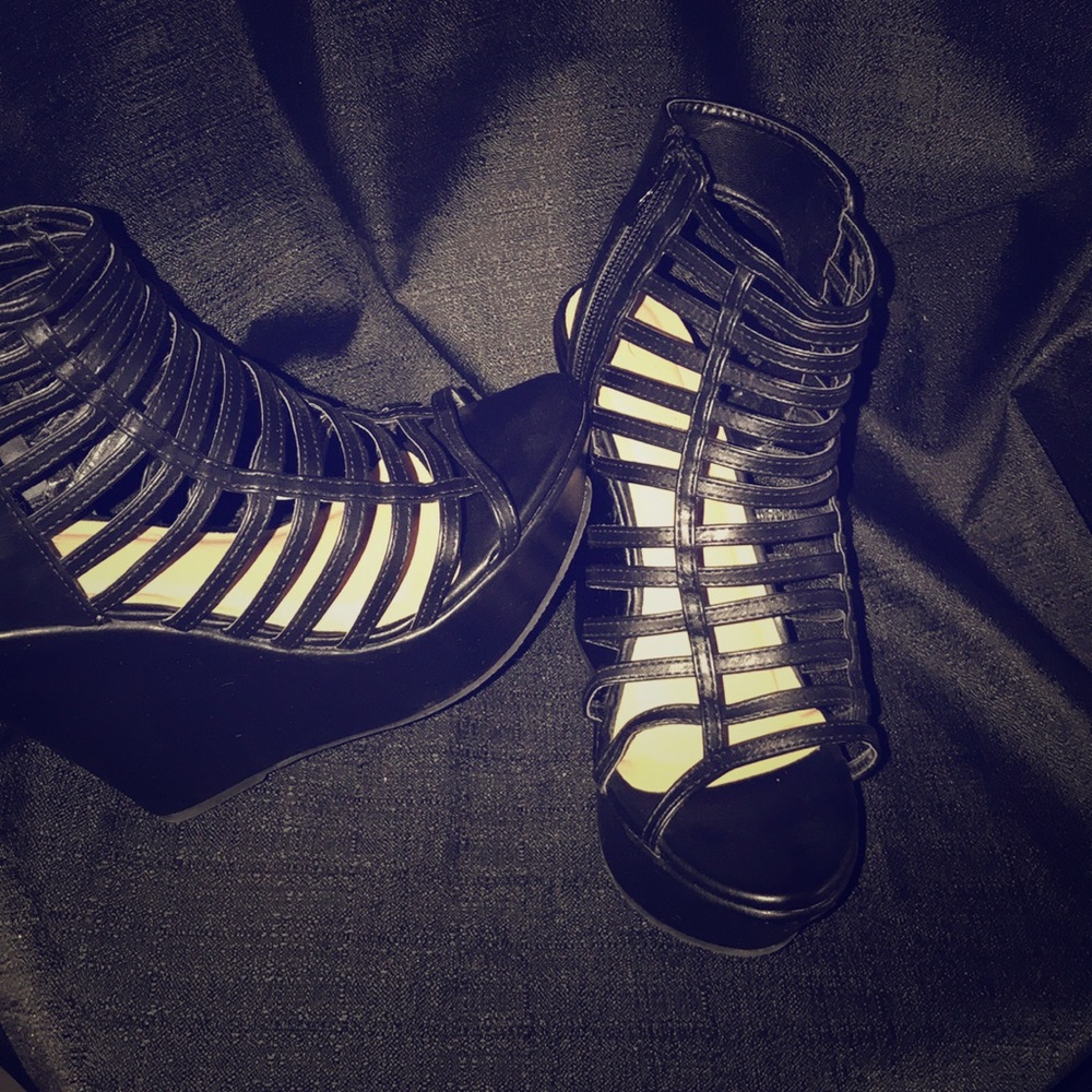 Black leather strapped wedge heels